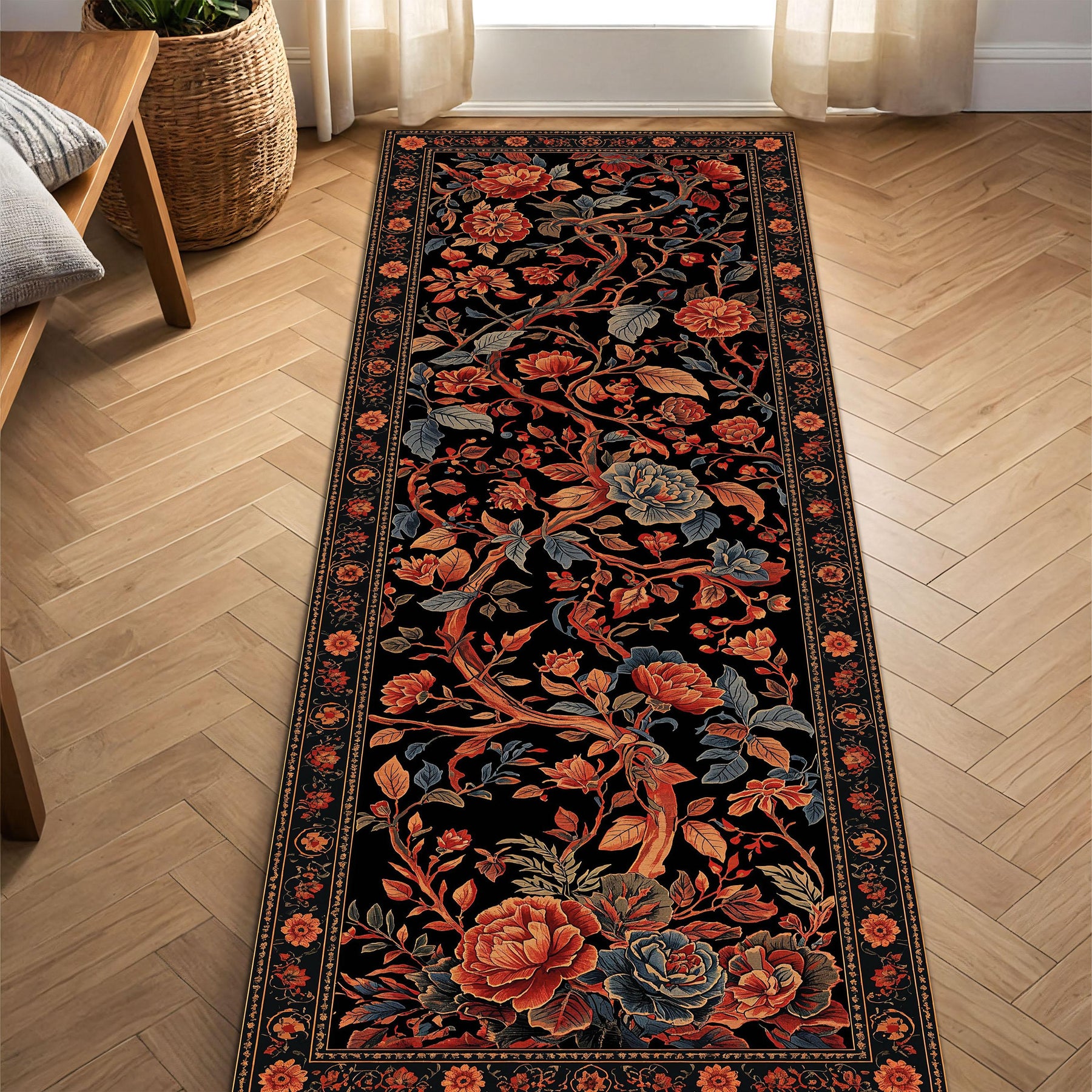 Vintage Floral Runner Rug, Black Botanical Hallway Carpet, Rustic Cottage Floor Mat, Boho Entryway Kitchen Long Area Rug Decor Home