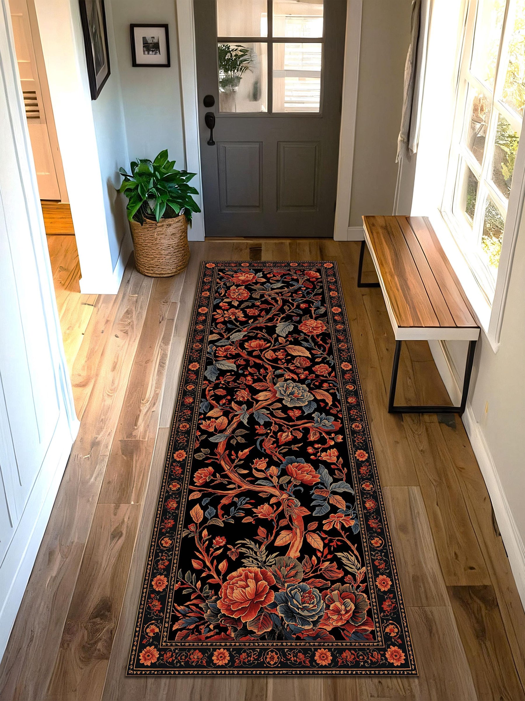 Vintage Floral Runner Rug, Black Botanical Hallway Carpet, Rustic Cottage Floor Mat, Boho Entryway Kitchen Long Area Rug Decor Home