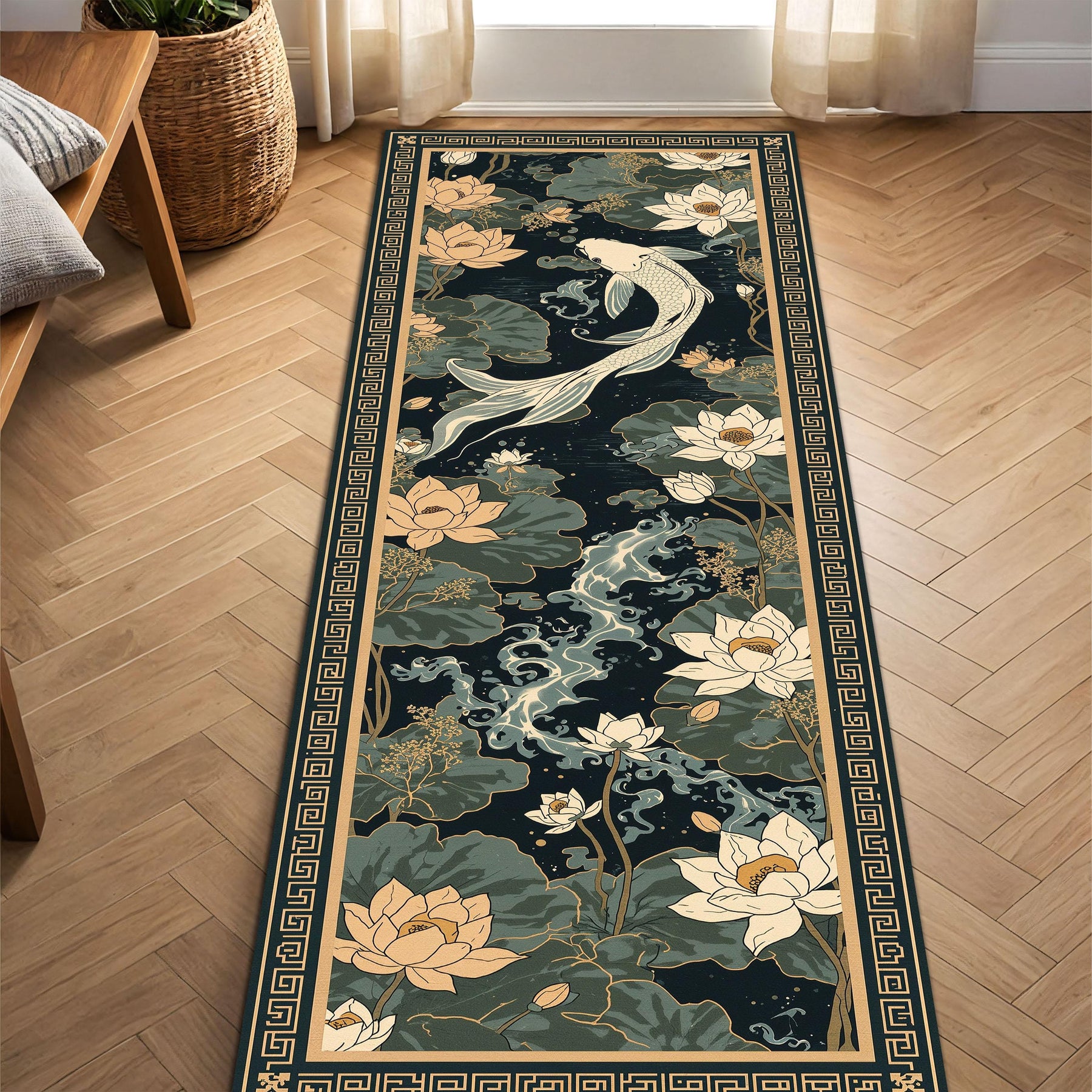 Koi Fish Lotus Rug Runner, Japanese Style Hallway Carpet, Oriental Floral Entryway Mat, Zen Home Decor, Long Narrow Area Rug