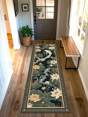 Koi Fish Lotus Rug Runner, Japanese Style Hallway Carpet, Oriental Floral Entryway Mat, Zen Home Decor, Long Narrow Area Rug