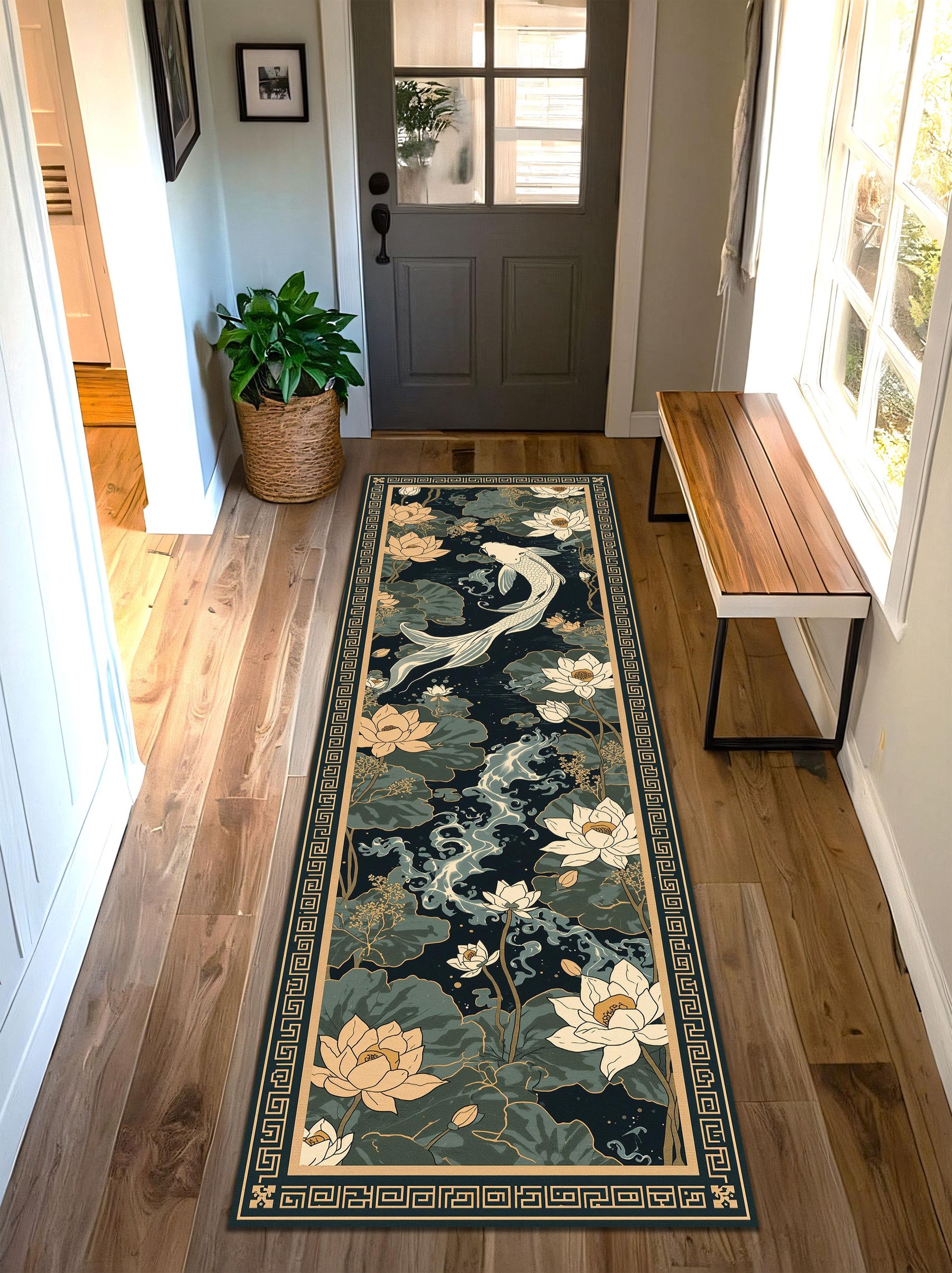 Koi Fish Lotus Rug Runner, Japanese Style Hallway Carpet, Oriental Floral Entryway Mat, Zen Home Decor, Long Narrow Area Rug