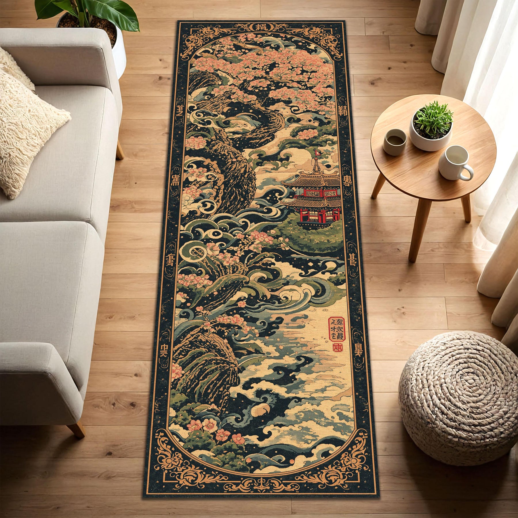 Japanese Cherry Blossom Runner Rug, Oriental Wave Tree Hallway Carpet, Ukiyoe Temple Floor Mat, Long Entryway Decor Gift for Living Room