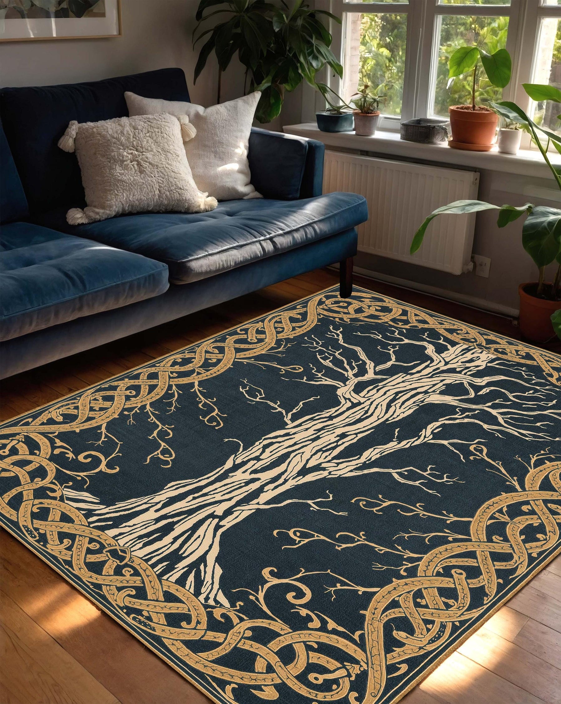 Tree of Life Area Rug, Celtic Knot Carpet, Nordic Mythology Decor, Navy Blue Gold Living Room Rug, Pagan Boho Floor Mat, Bedroom Accent