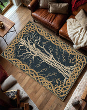 Tree of Life Area Rug, Celtic Knot Carpet, Nordic Mythology Decor, Navy Blue Gold Living Room Rug, Pagan Boho Floor Mat, Bedroom Accent