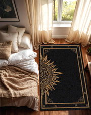 Black Gold Celestial Sun Rug, Boho Living Room Area Rug, Gothic Mandala Carpet, Mystical Bedroom Decor, Modern Floor Mat Home Accent