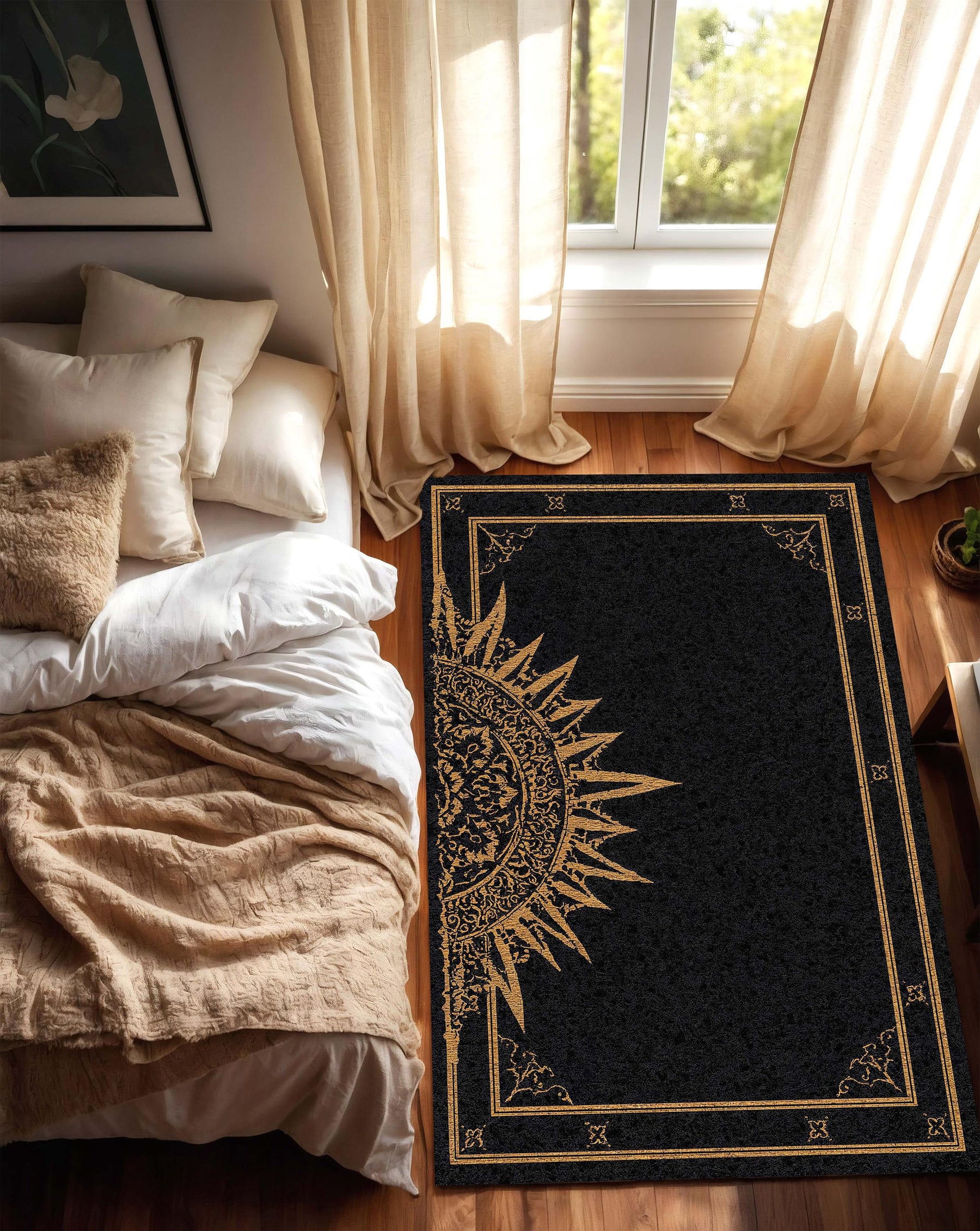 Black Gold Celestial Sun Rug, Boho Living Room Area Rug, Gothic Mandala Carpet, Mystical Bedroom Decor, Modern Floor Mat Home Accent