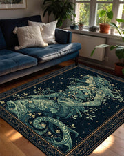 Mystical Goddess Area Rug, Celestial Boho Living Room Carpet, Navy Blue Botanical Woman Art Mat, Witchy Zodiac Home Decor Gift