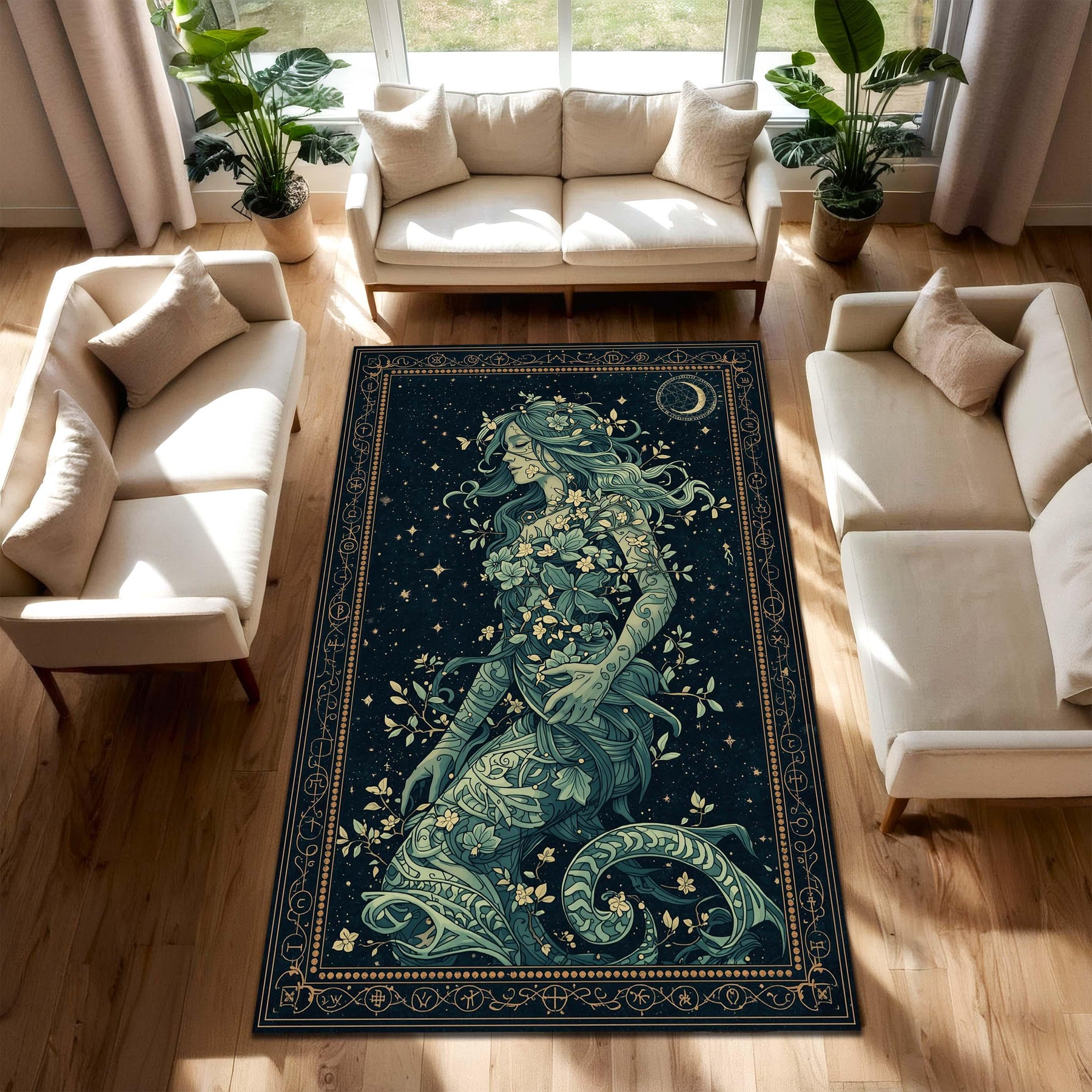 Mystical Goddess Area Rug, Celestial Boho Living Room Carpet, Navy Blue Botanical Woman Art Mat, Witchy Zodiac Home Decor Gift