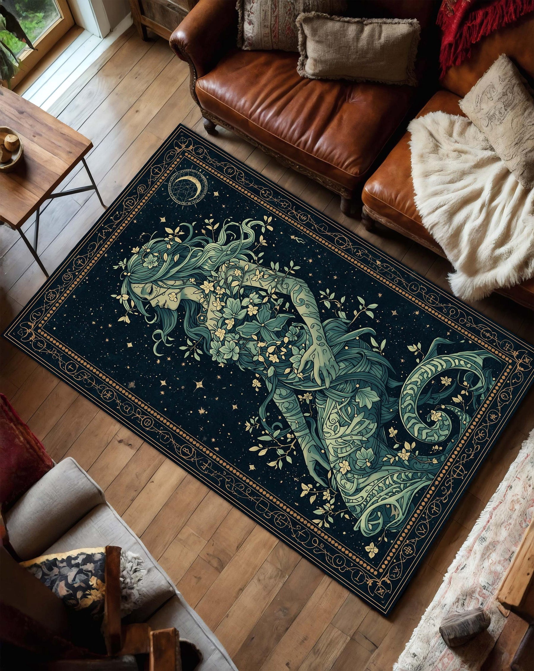 Mystical Goddess Area Rug, Celestial Boho Living Room Carpet, Navy Blue Botanical Woman Art Mat, Witchy Zodiac Home Decor Gift