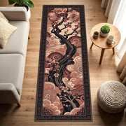 Cherry Blossom Runner Rug, Japanese Tree Hallway Carpet, Asian Zen Floral Floor Mat, Pink Black Entryway Home Decor Gift, Washable Rug