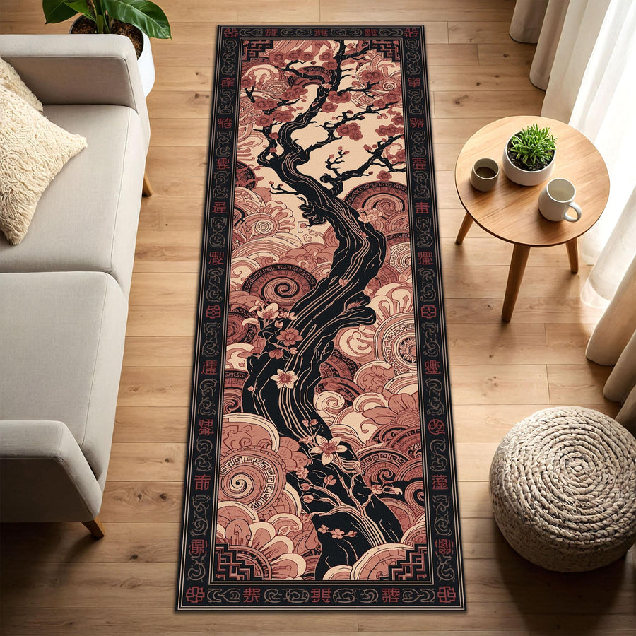 Cherry Blossom Runner Rug, Japanese Tree Hallway Carpet, Asian Zen Floral Floor Mat, Pink Black Entryway Home Decor Gift, Washable Rug