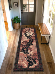 Cherry Blossom Runner Rug, Japanese Tree Hallway Carpet, Asian Zen Floral Floor Mat, Pink Black Entryway Home Decor Gift, Washable Rug