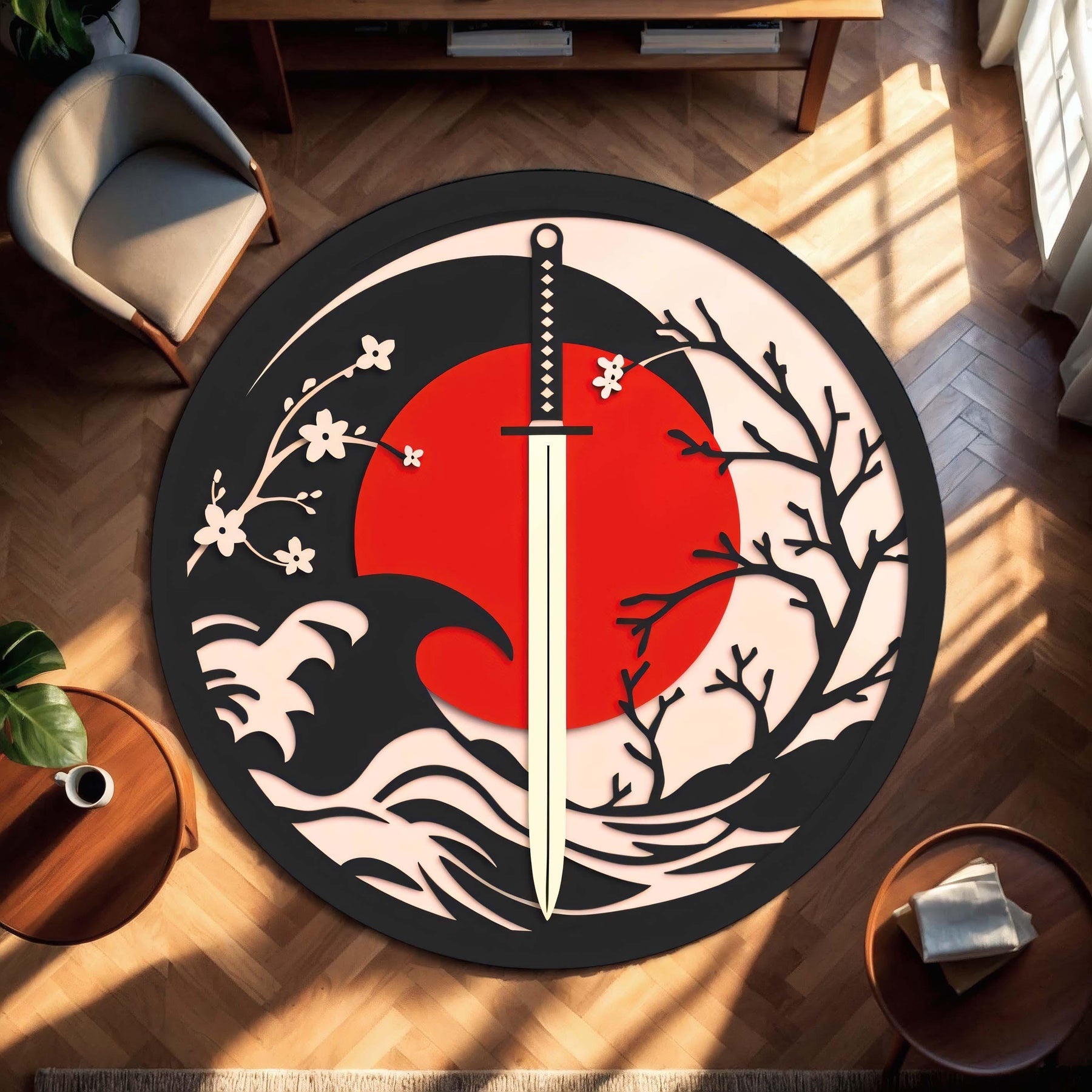 Japanese Samurai Sword Rug, Red Sun Cherry Blossom Area Rug, Katana Wave Floor Mat, Anime Inspired Living Room Decor for Home Gift