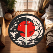 Japanese Samurai Sword Rug, Red Sun Cherry Blossom Area Rug, Katana Wave Floor Mat, Anime Inspired Living Room Decor for Home Gift