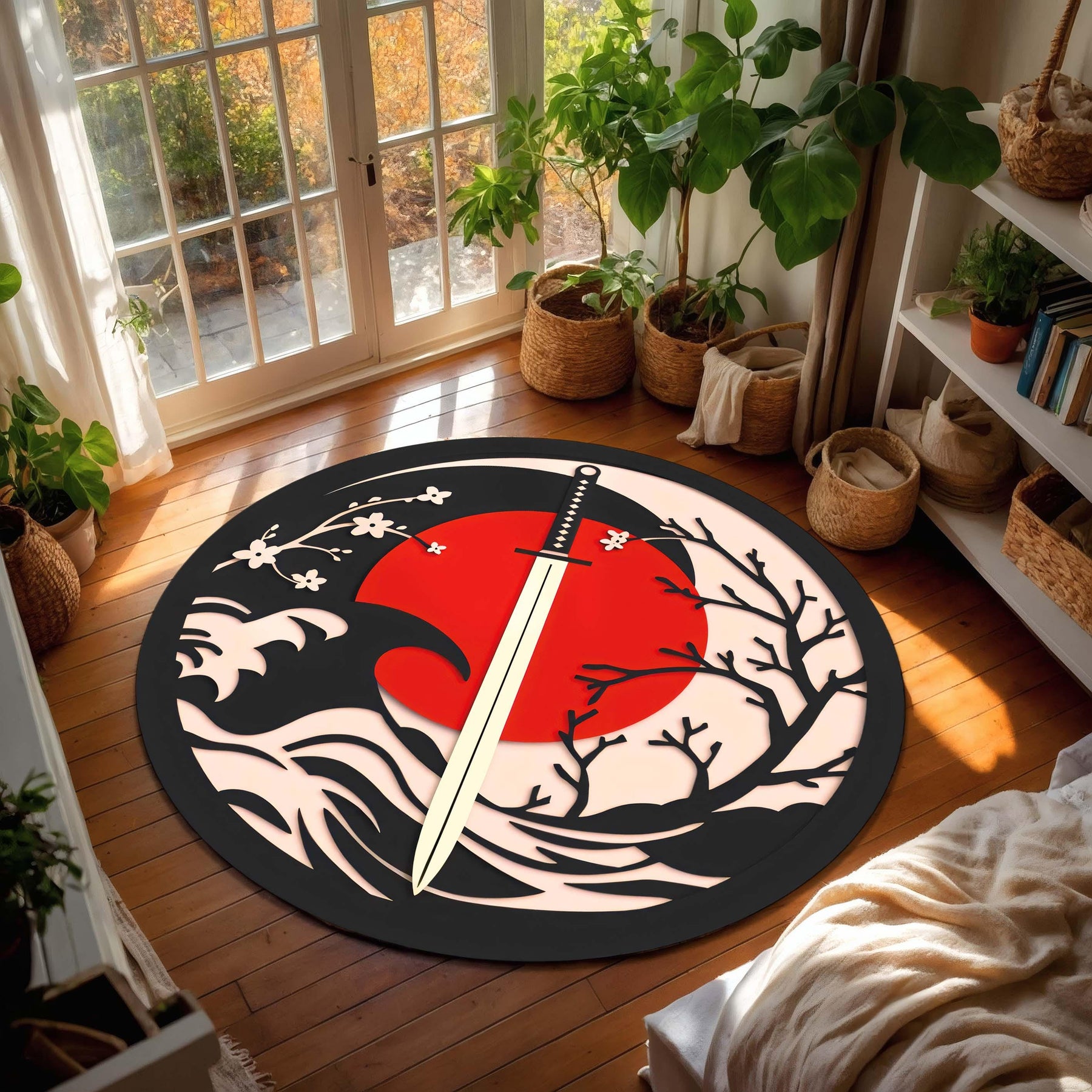 Japanese Samurai Sword Rug, Red Sun Cherry Blossom Area Rug, Katana Wave Floor Mat, Anime Inspired Living Room Decor for Home Gift
