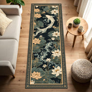 Koi Fish Lotus Rug Runner, Japanese Style Hallway Carpet, Oriental Floral Entryway Mat, Zen Home Decor, Long Narrow Area Rug