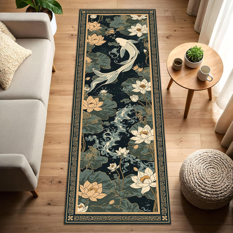 Koi Fish Lotus Rug Runner, Japanese Style Hallway Carpet, Oriental Floral Entryway Mat, Zen Home Decor, Long Narrow Area Rug
