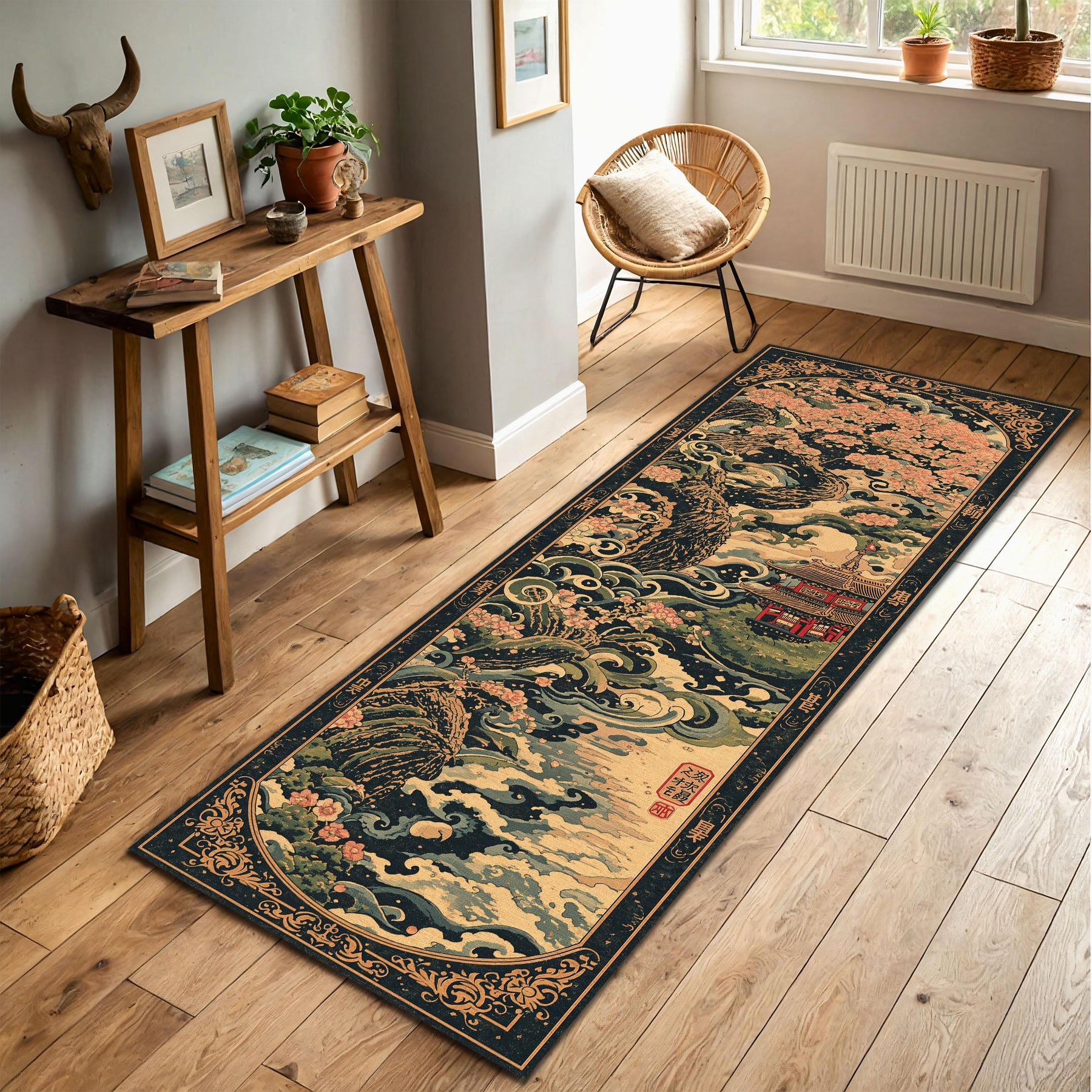Japanese Cherry Blossom Runner Rug, Oriental Wave Tree Hallway Carpet, Ukiyoe Temple Floor Mat, Long Entryway Decor Gift for Living Room