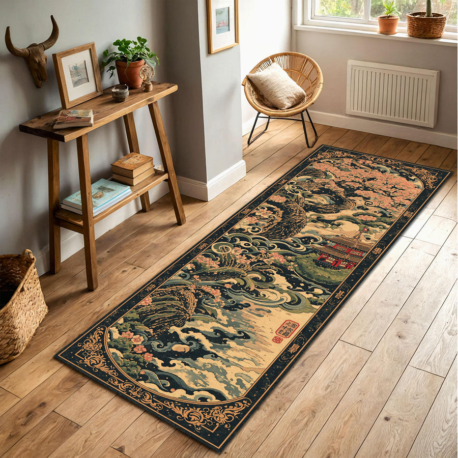 Japanese Cherry Blossom Runner Rug, Oriental Wave Tree Hallway Carpet, Ukiyoe Temple Floor Mat, Long Entryway Decor Gift for Living Room
