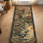 Japanese Cherry Blossom Runner Rug, Oriental Wave Tree Hallway Carpet, Ukiyoe Temple Floor Mat, Long Entryway Decor Gift for Living Room