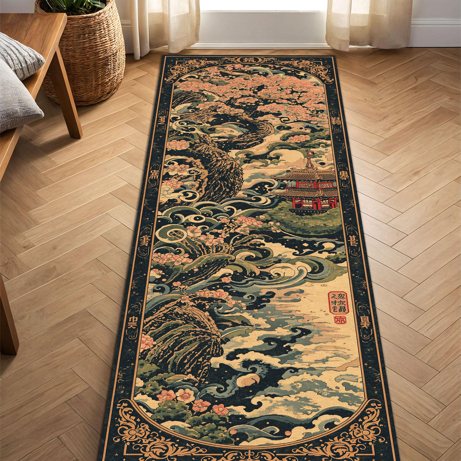 Japanese Cherry Blossom Runner Rug, Oriental Wave Tree Hallway Carpet, Ukiyoe Temple Floor Mat, Long Entryway Decor Gift for Living Room