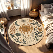 Celestial Round Rug Sun Moon Area Rug Boho Botanical Carpet Mystic Eye Floral Floor Mat for Living Room Bedroom Nursery Decor