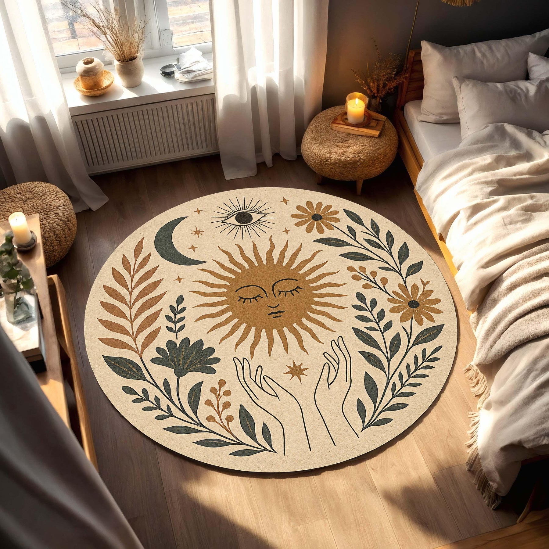 Celestial Round Rug Sun Moon Area Rug Boho Botanical Carpet Mystic Eye Floral Floor Mat for Living Room Bedroom Nursery Decor