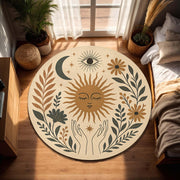 Celestial Round Rug Sun Moon Area Rug Boho Botanical Carpet Mystic Eye Floral Floor Mat for Living Room Bedroom Nursery Decor