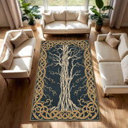 Tree of Life Area Rug, Celtic Knot Carpet, Nordic Mythology Decor, Navy Blue Gold Living Room Rug, Pagan Boho Floor Mat, Bedroom Accent