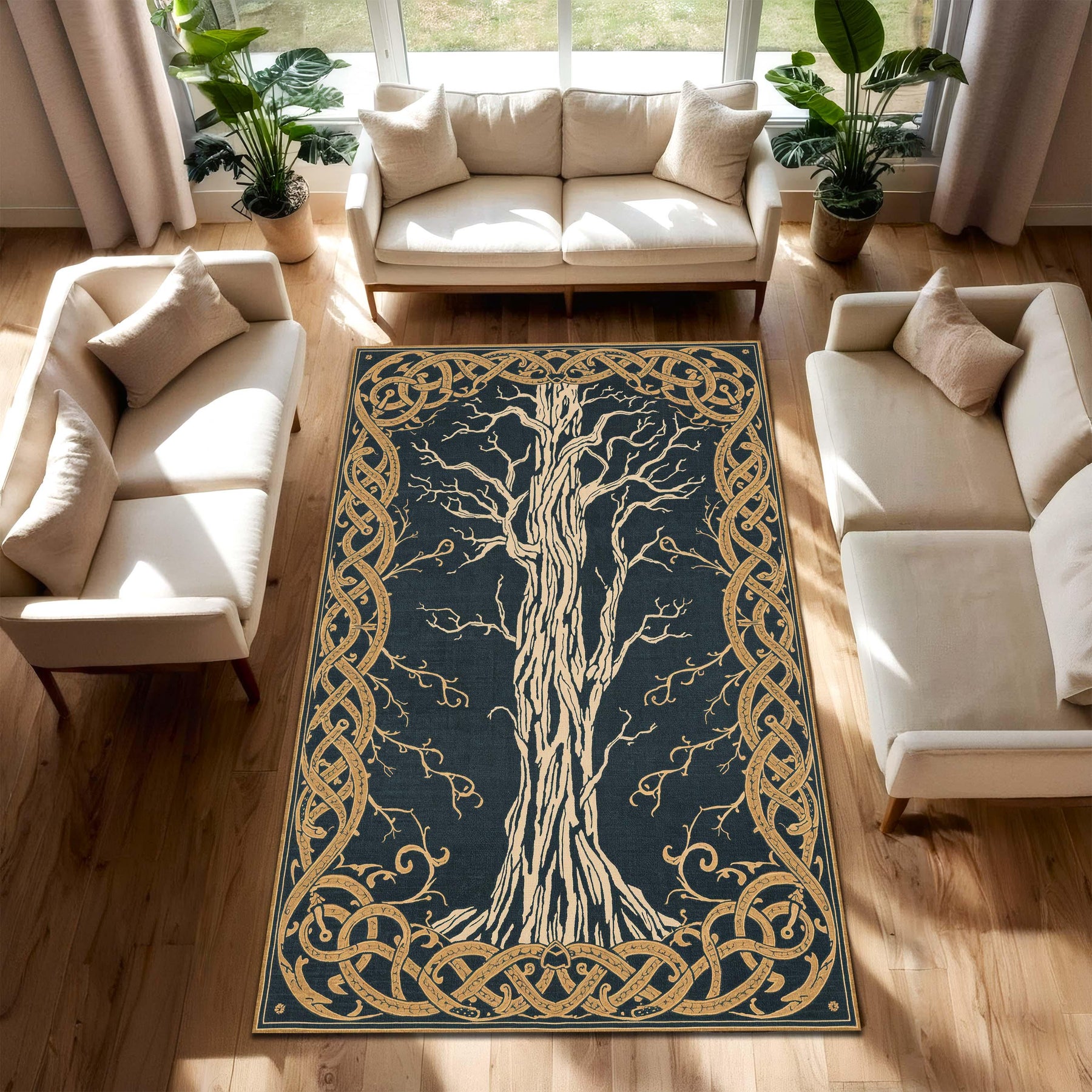 Tree of Life Area Rug, Celtic Knot Carpet, Nordic Mythology Decor, Navy Blue Gold Living Room Rug, Pagan Boho Floor Mat, Bedroom Accent