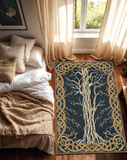 Tree of Life Area Rug, Celtic Knot Carpet, Nordic Mythology Decor, Navy Blue Gold Living Room Rug, Pagan Boho Floor Mat, Bedroom Accent