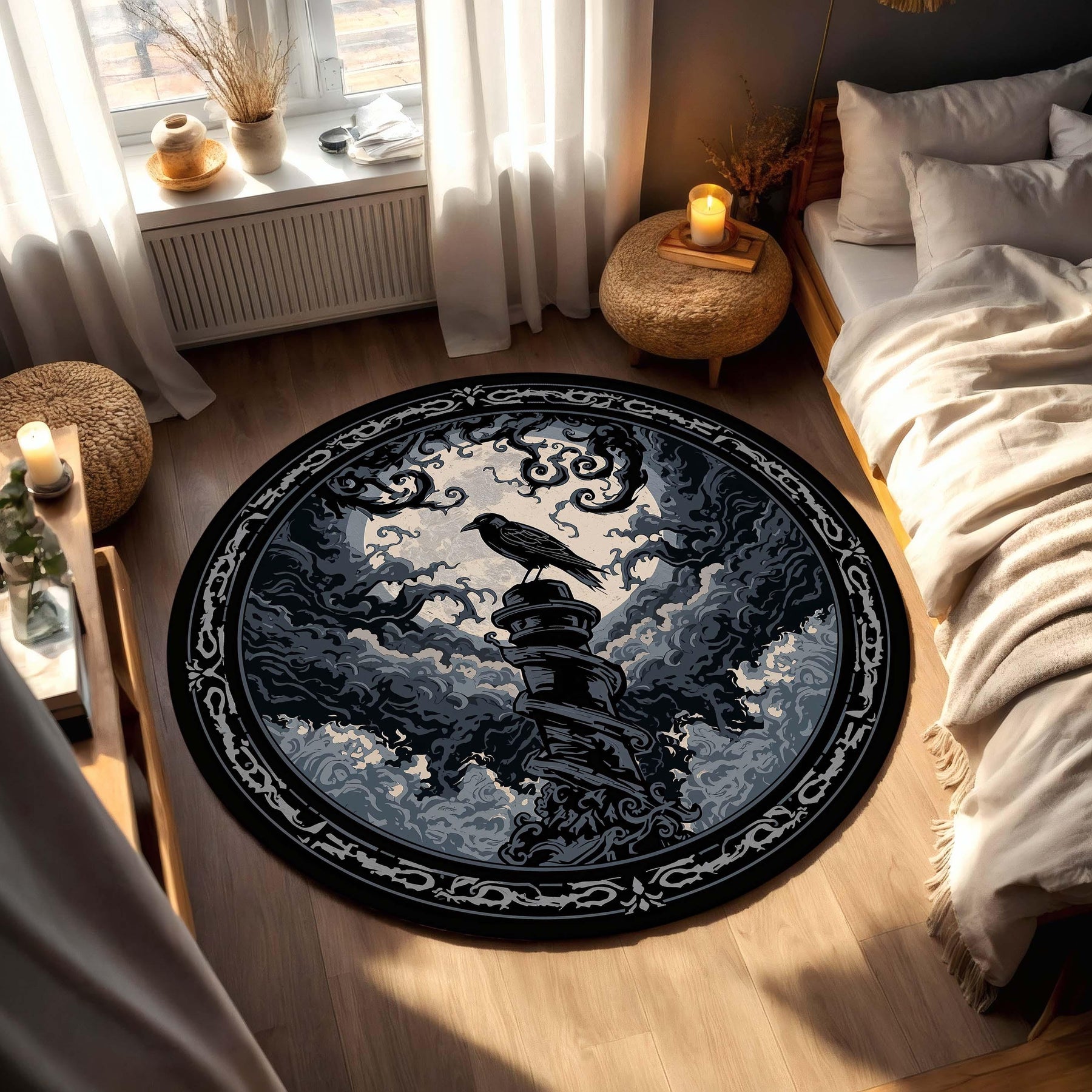 Gothic Raven Round Rug, Dark Moon Crow Area Rug, Victorian Black Carpet, Witchy Forest Decor, Mystic Halloween Floor Mat Gift For Dark Home
