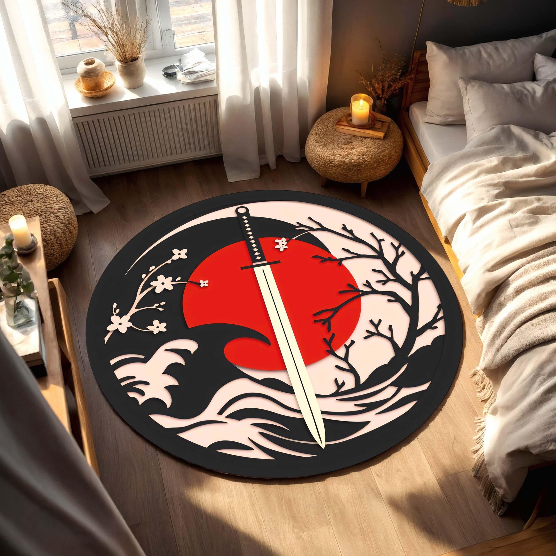 Japanese Samurai Sword Rug, Red Sun Cherry Blossom Area Rug, Katana Wave Floor Mat, Anime Inspired Living Room Decor for Home Gift