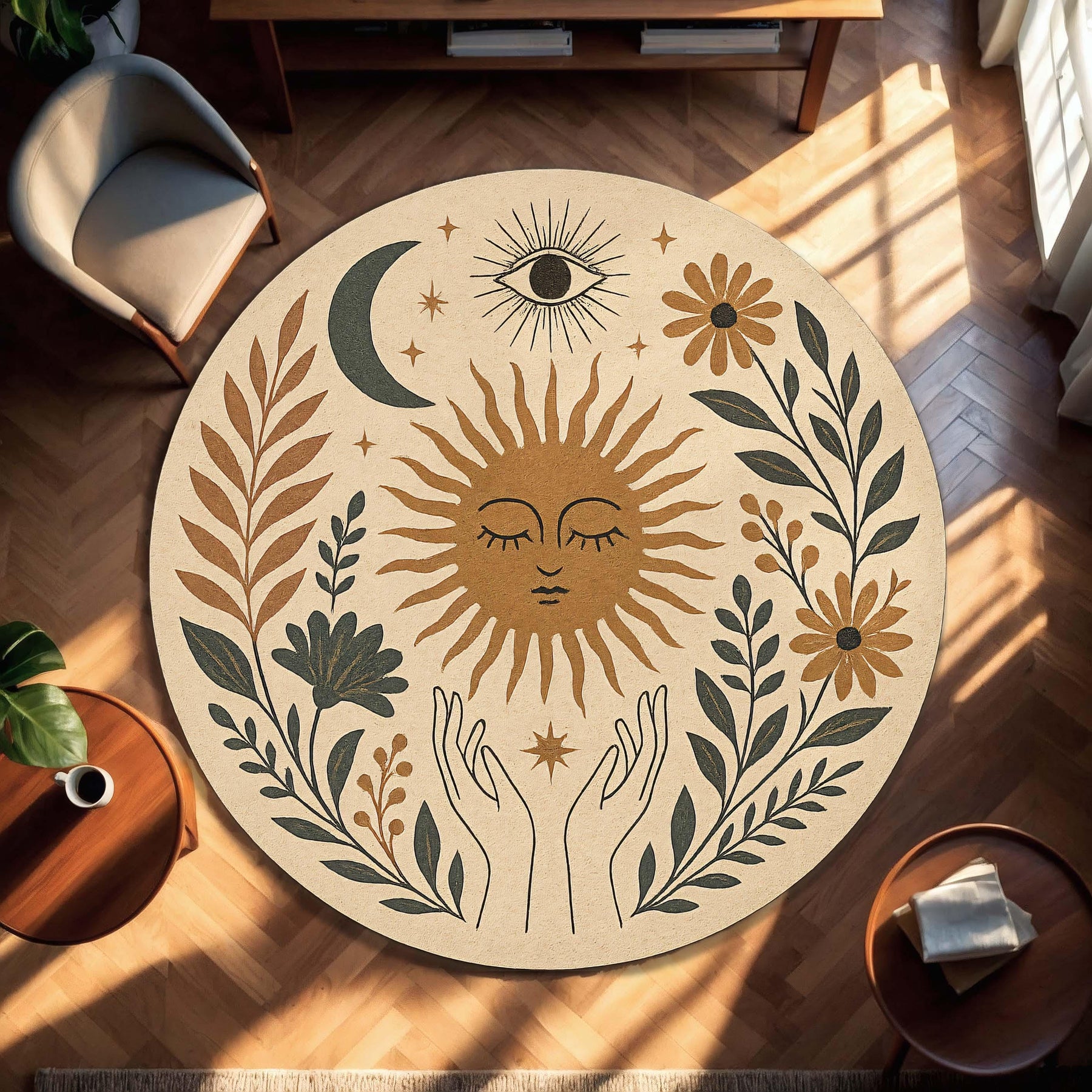 Celestial Round Rug Sun Moon Area Rug Boho Botanical Carpet Mystic Eye Floral Floor Mat for Living Room Bedroom Nursery Decor