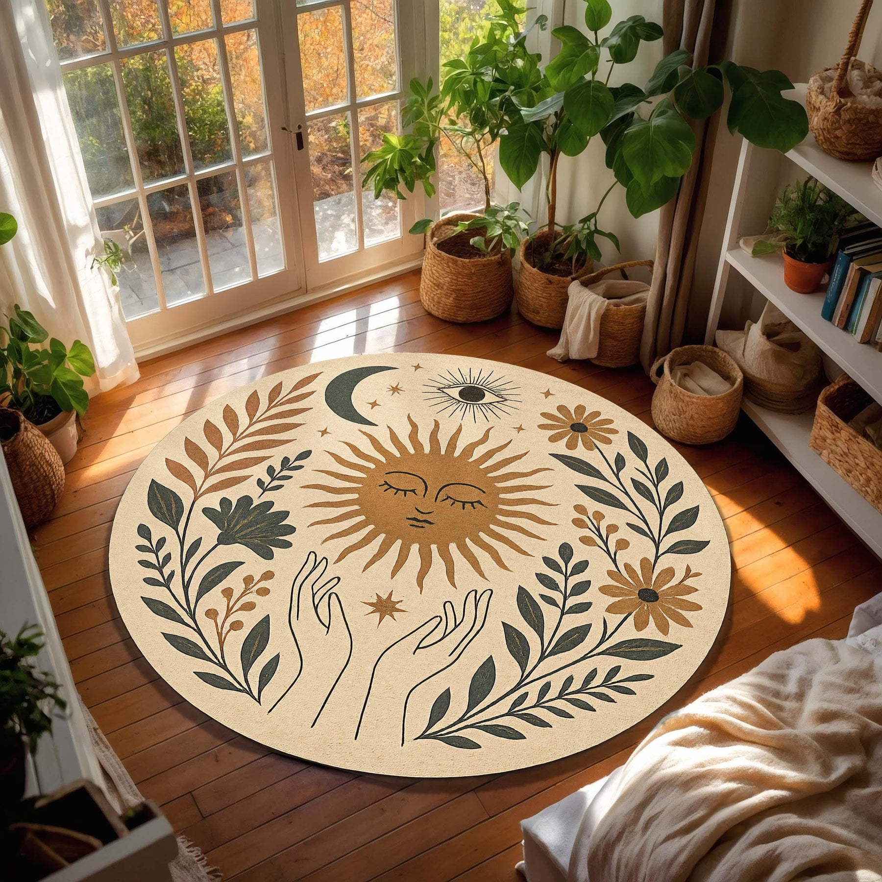 Celestial Round Rug Sun Moon Area Rug Boho Botanical Carpet Mystic Eye Floral Floor Mat for Living Room Bedroom Nursery Decor