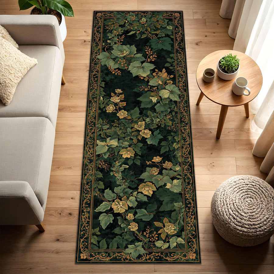 Dark Green Botanical Runner Rug, Vintage Floral Hallway Carpet, Moody Cottagecore Area Rug for Living Room Entryway Decor, Kitchen Runner
