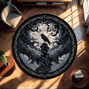 Gothic Raven Round Rug, Dark Moon Crow Area Rug, Victorian Black Carpet, Witchy Forest Decor, Mystic Halloween Floor Mat Gift For Dark Home
