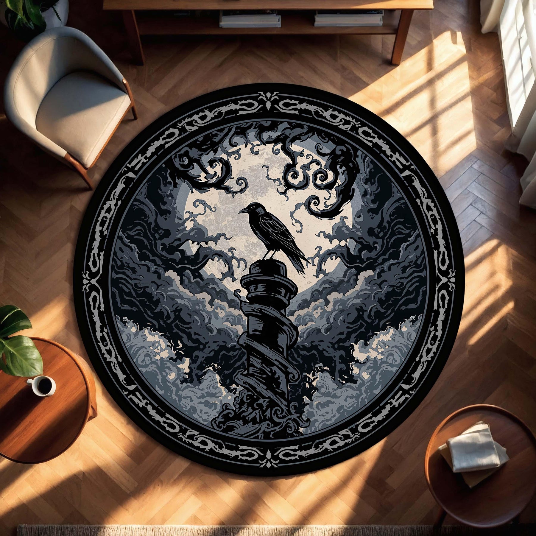 Gothic Raven Round Rug, Dark Moon Crow Area Rug, Victorian Black Carpet, Witchy Forest Decor, Mystic Halloween Floor Mat Gift For Dark Home