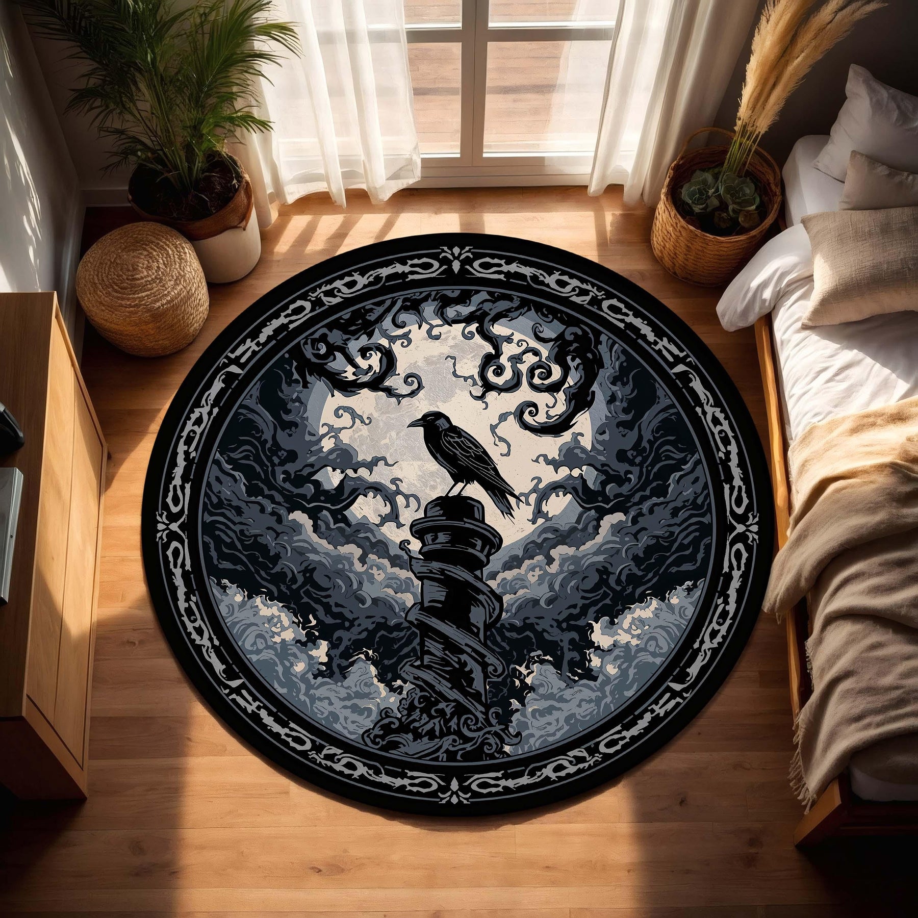 Gothic Raven Round Rug, Dark Moon Crow Area Rug, Victorian Black Carpet, Witchy Forest Decor, Mystic Halloween Floor Mat Gift For Dark Home