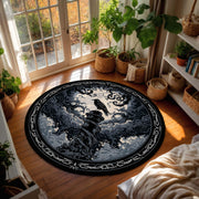 Gothic Raven Round Rug, Dark Moon Crow Area Rug, Victorian Black Carpet, Witchy Forest Decor, Mystic Halloween Floor Mat Gift For Dark Home