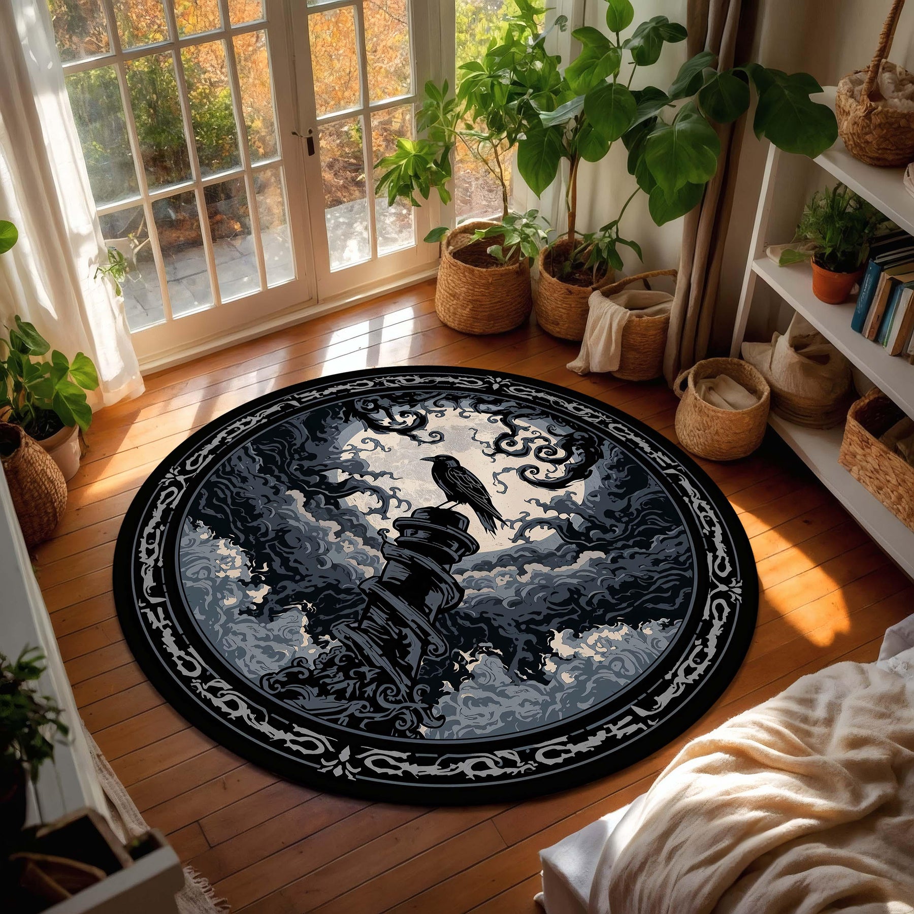 Gothic Raven Round Rug, Dark Moon Crow Area Rug, Victorian Black Carpet, Witchy Forest Decor, Mystic Halloween Floor Mat Gift For Dark Home