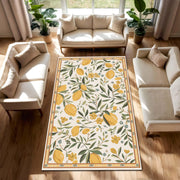 Lemon Floral Area Rug, Botanical Citrus Living Room Carpet, Mediterranean Farmhouse Floor Decor, Yellow Green Fruit Print Rug for Kitchen