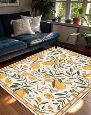 Lemon Floral Area Rug, Botanical Citrus Living Room Carpet, Mediterranean Farmhouse Floor Decor, Yellow Green Fruit Print Rug for Kitchen