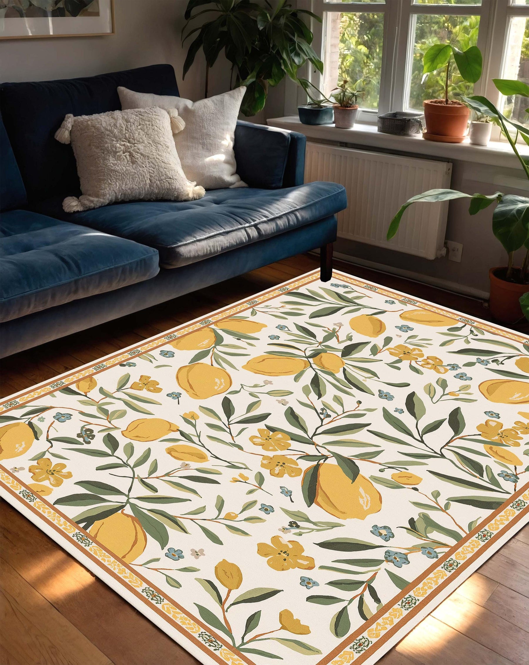Lemon Floral Area Rug, Botanical Citrus Living Room Carpet, Mediterranean Farmhouse Floor Decor, Yellow Green Fruit Print Rug for Kitchen