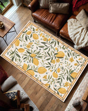 Lemon Floral Area Rug, Botanical Citrus Living Room Carpet, Mediterranean Farmhouse Floor Decor, Yellow Green Fruit Print Rug for Kitchen