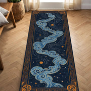 Celestial Runner Rug, Navy Blue Starry Sky Hallway Carpet, Gold Cloud Border Rug, Mystical Astrology Decor for Entryway Bedroom Home Decor