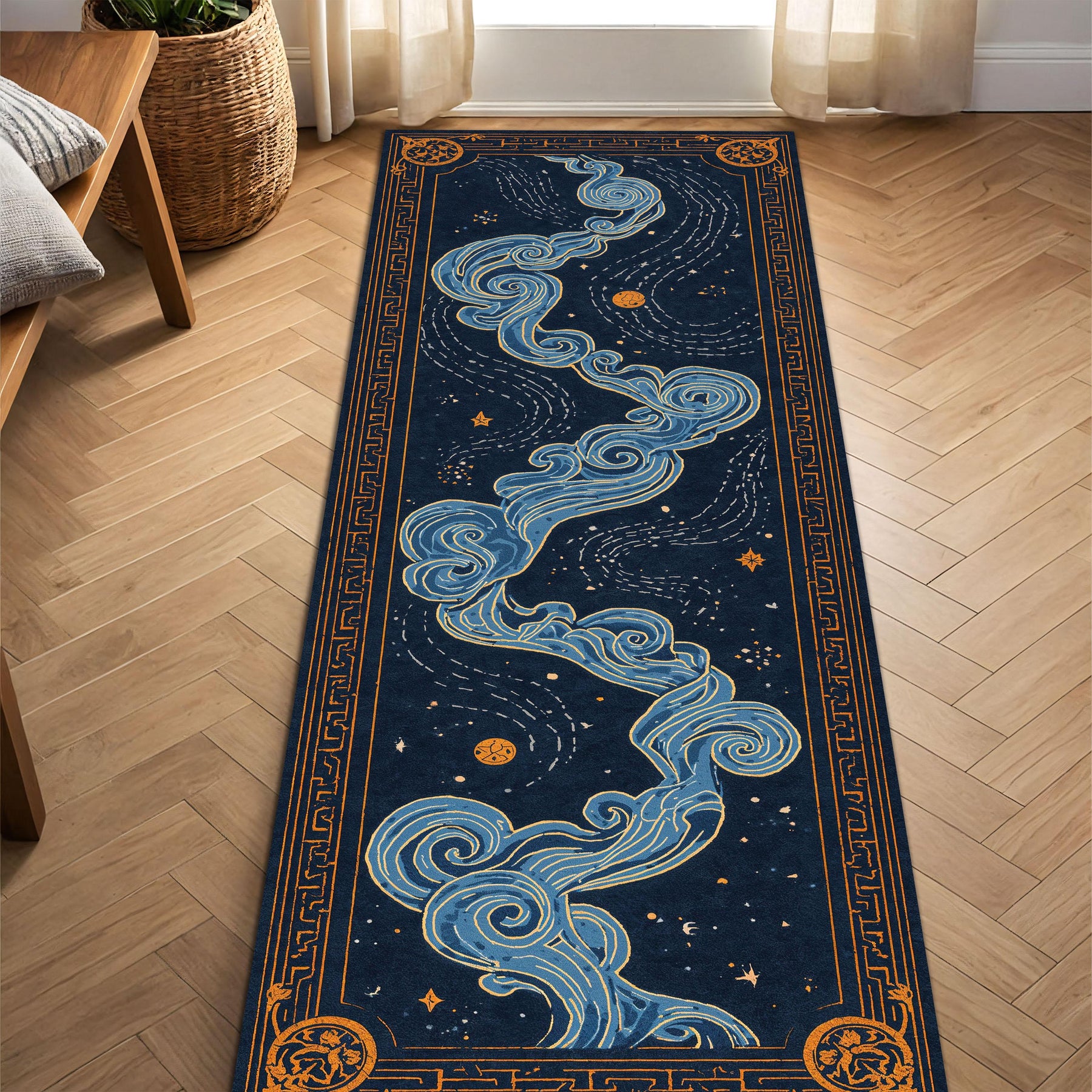 Celestial Runner Rug, Navy Blue Starry Sky Hallway Carpet, Gold Cloud Border Rug, Mystical Astrology Decor for Entryway Bedroom Home Decor