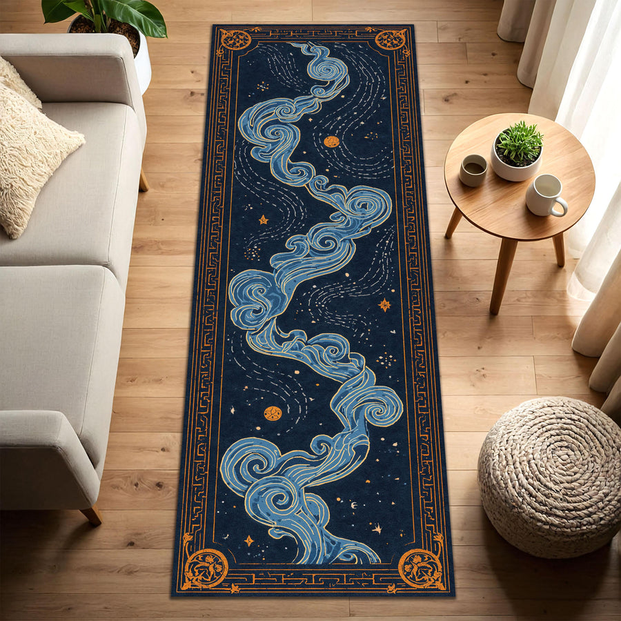 Celestial Runner Rug, Navy Blue Starry Sky Hallway Carpet, Gold Cloud Border Rug, Mystical Astrology Decor for Entryway Bedroom Home Decor
