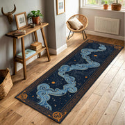 Celestial Runner Rug, Navy Blue Starry Sky Hallway Carpet, Gold Cloud Border Rug, Mystical Astrology Decor for Entryway Bedroom Home Decor