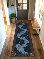 Celestial Runner Rug, Navy Blue Starry Sky Hallway Carpet, Gold Cloud Border Rug, Mystical Astrology Decor for Entryway Bedroom Home Decor